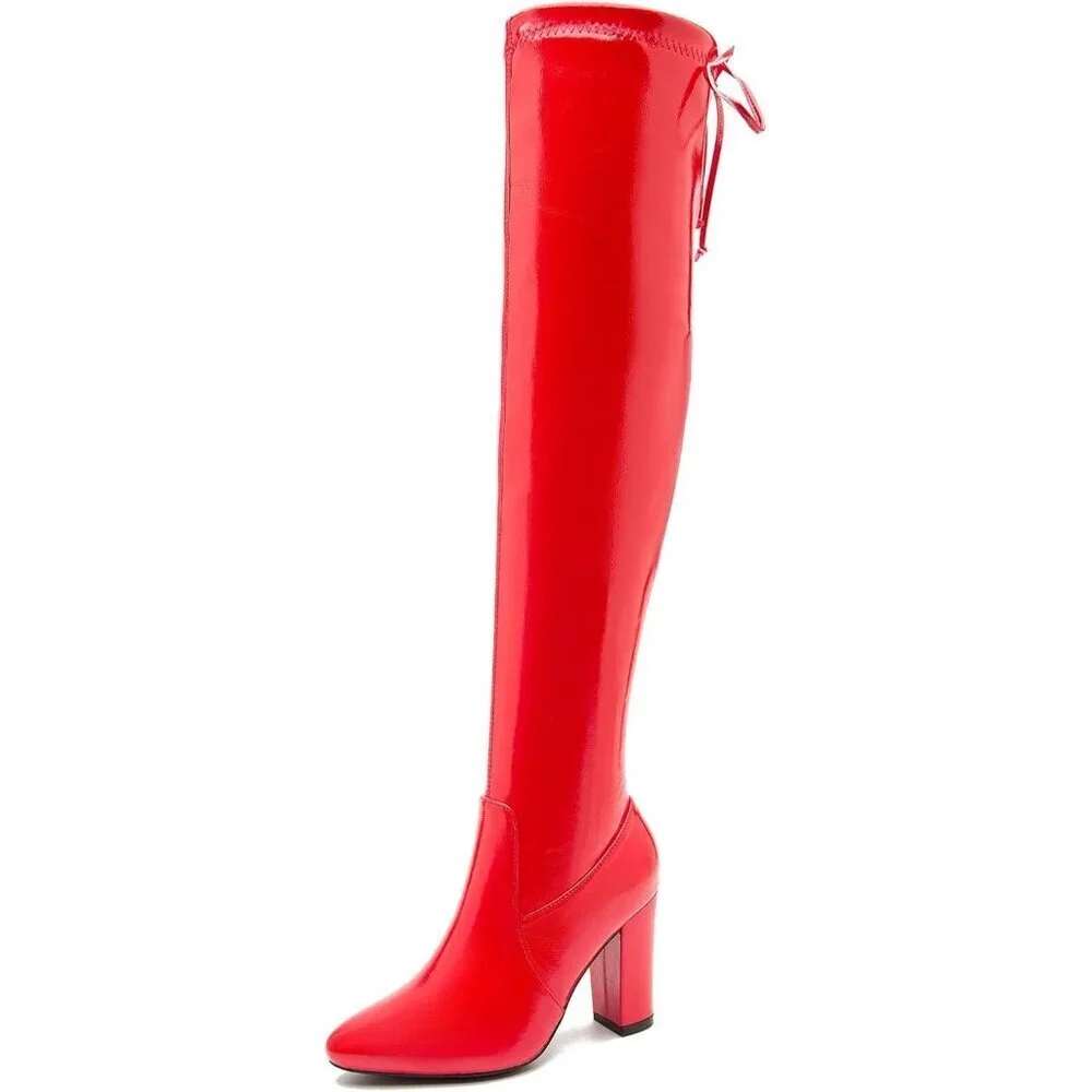 Women Red Pu Leather Pointed Toe Zipper Over The Knee Thigh High Long Boots